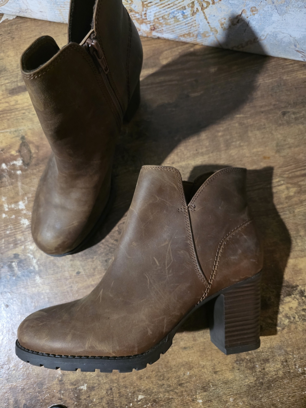 Clarks Brown Leather Women's Ankle Booties with Block Heel